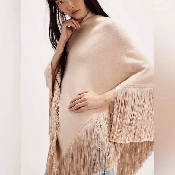 Free People Fringy Poncho S NWT Tan CreamLuxe Boho Winter Layer